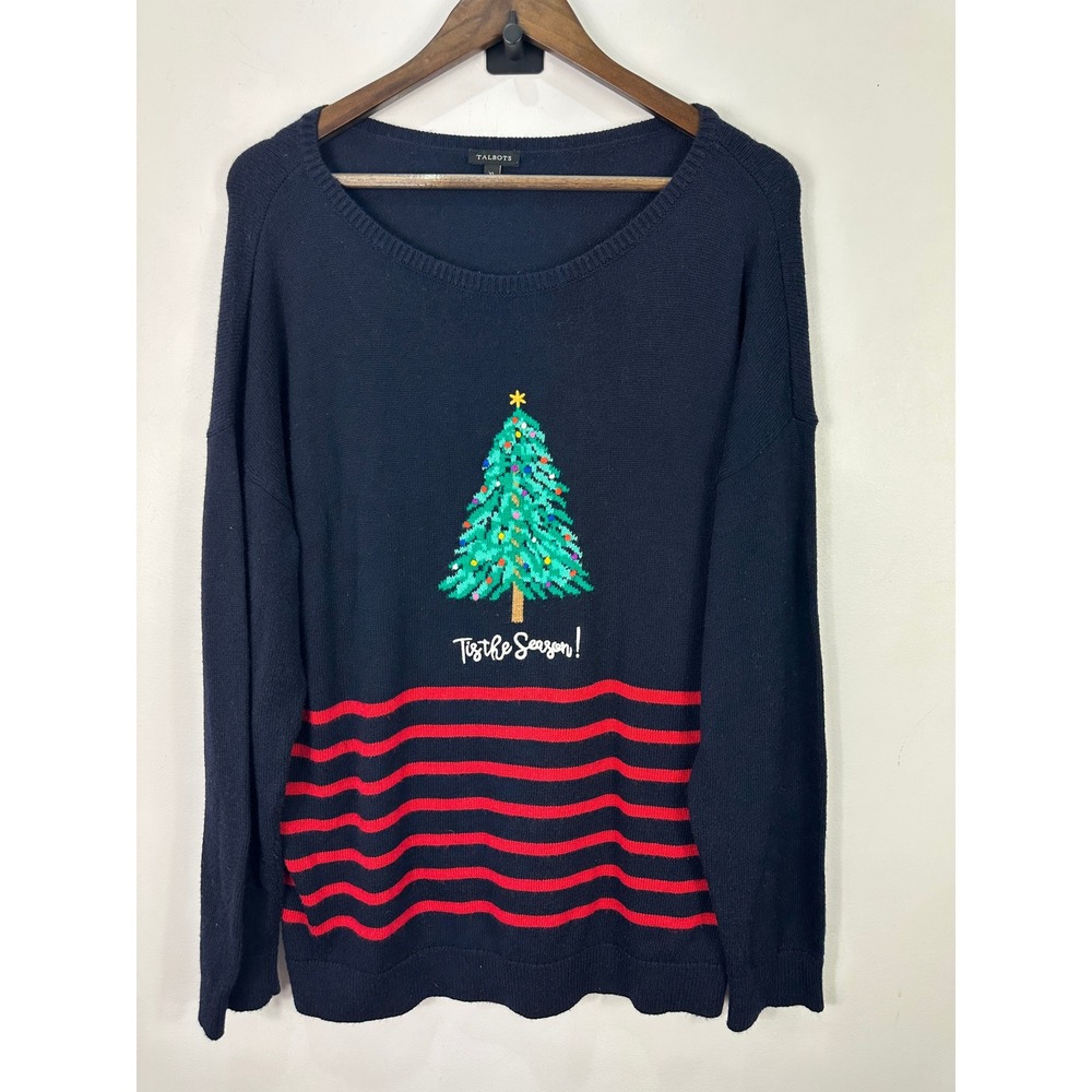 Talbots Christmas Tree Sweater Womens XL Navy Red Striped Wool Blend Holiday